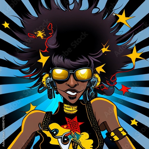 African American Rockstar Radical Punk Rock Cartoon Illustration