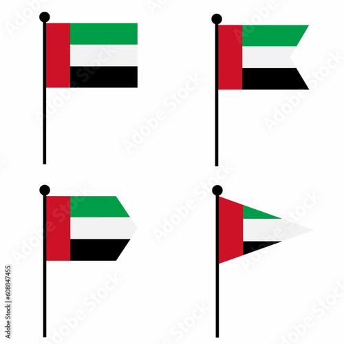 United Arab Emirates waving flag icon set in 4 shape versions. Collection of flagpole sign for identity, emblem, and infographic.