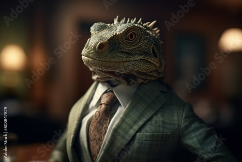 Anthropomorphic iguana dressed in a suit like a businessman. Business Concept. AI generated, human enhanced © top images