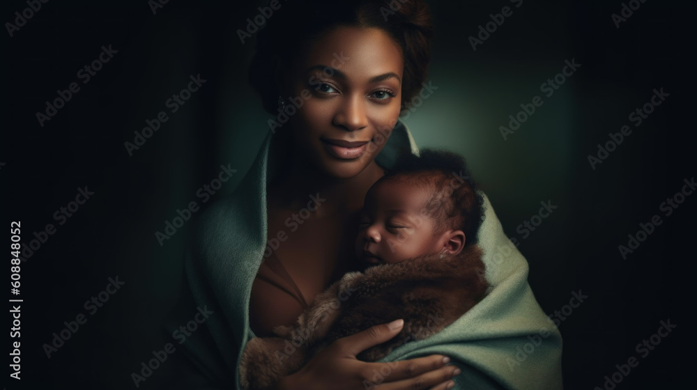 Portrait of pretty black woman holding a newborn baby created with generative AI technology Portrait of pretty black woman holding a newborn baby created with generative AI technology