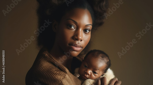 Portrait of pretty black woman holding a newborn baby created with generative AI technology