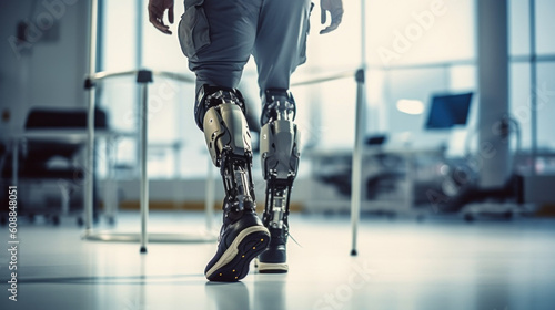 Physical therapy in the hospital. Rehabilitation of a soldier with leg injuries. Cybernetic prosthetics created with generative AI technology