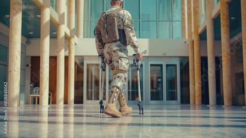 Physical therapy in the hospital. Rehabilitation of a soldier with leg injuries. Cybernetic prosthetics created with generative AI technology © Neuroshock