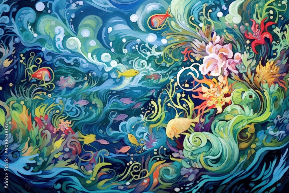 Swirling Ocean Currents with Aquatic Flora - Generative AI Swirling Ocean Currents with Aquatic Flora - Generative AI