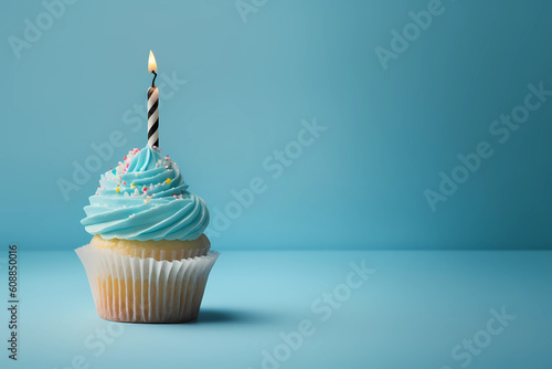 Birthday cupcake with a candle on a light blue background, generative AI