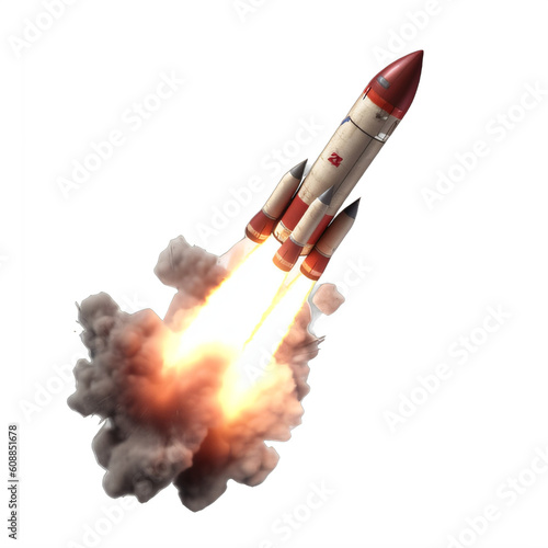 A red and white rocket being launched on a transparent background png isolated Generative Ai © Eduardo
