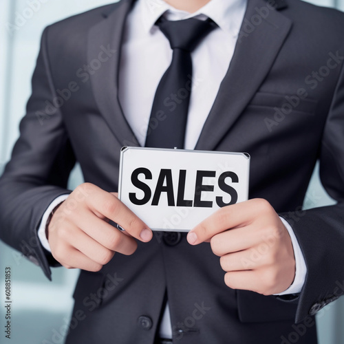 Unrecognizable man in a suit holding a sale sign. Generative AI