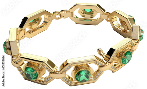Golden bracelet with green emeralds isolated on a white background, generative AI jewelry photo