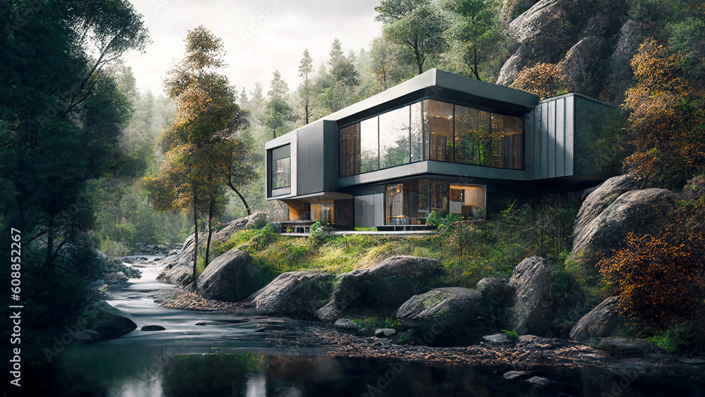 Modern house in mountains, exterior of luxury villa by forest ri Stock