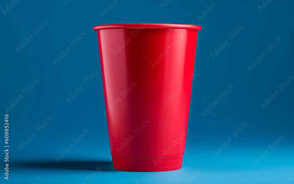 Red plastic disposable cup isolated on blue background. Generative Ai Red plastic disposable cup isolated on blue background. Generative Ai