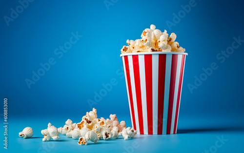 Popcorn in traditional red and white bucket on blue background. Generative Ai