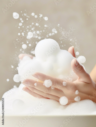 両手のひらで泡をかかえている女性、化粧品のイメージ Generative AI
