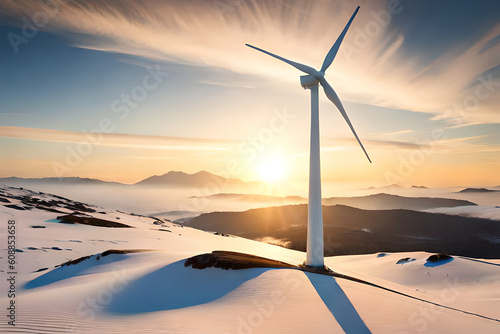 Panoramic view of wind farm or wind park, with high wind turbines for generation electricity with copy space. Green energy concept. Generative AI