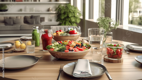 table with fruits and vegetables