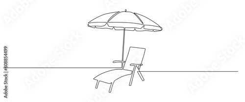 One continuous line drawing of beach umbrella and chair. Concept of summer vacation and travel in paradise island and sea in simple linear style. Editable stroke. Doodle vector illustration
