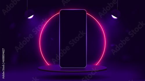 A smartphone on a glossy podium with a bright neon round arch on a dark purple background. A platform with a phone with glowing lamps.