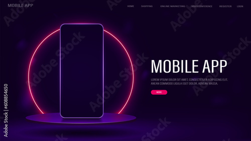 A web banner with a phone on a glossy podium with a neon pink frame. A concept for a website with a mobile application. A smartphone on a platform on a purple background.