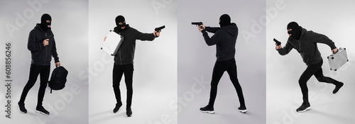 Fotografia Collage with photos of man in balaclava on grey background