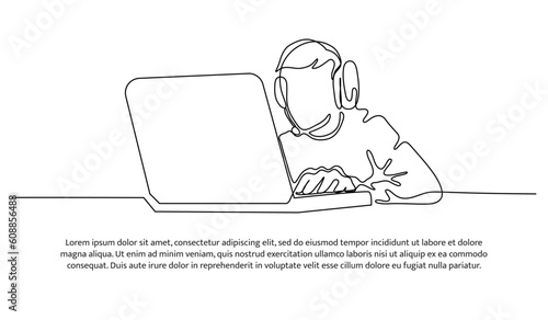 Continuous line design of man wearing headset working with laptop. Decorative elements drawn on a white background.