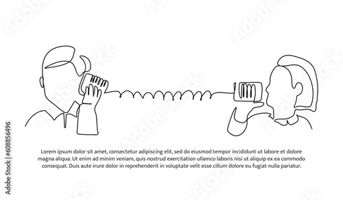 Continuous line design of happy little boy and girl talk using string phone. Decorative elements drawn on a white background.