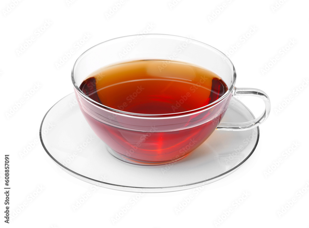 Glass cup of hot aromatic tea on white background Glass cup of hot aromatic tea on white background