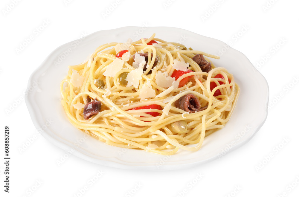 Plate of delicious pasta with anchovies, tomatoes and parmesan cheese isolated on white Plate of delicious pasta with anchovies, tomatoes and parmesan cheese isolated on white