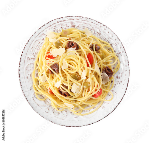 Plate of delicious pasta with anchovies, tomatoes and parmesan cheese isolated on white, top view