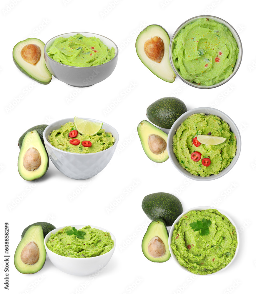 Collage of bowls with tasty guacamole and avocados on white background, top and side views Collage of bowls with tasty guacamole and avocados on white background, top and side views