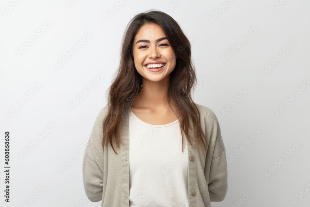 Portrait of a beautiful young woman smiling and looking at camera over white background Portrait of a beautiful young woman smiling and looking at camera over white background