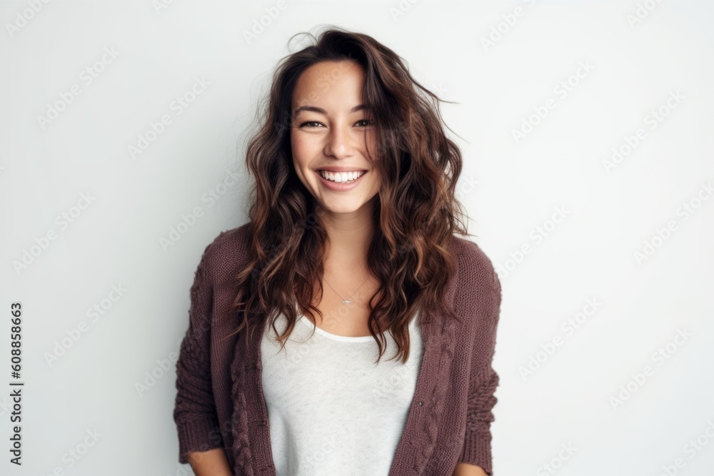 Portrait of beautiful young woman with long curly hair smiling and looking at camera Portrait of beautiful young woman with long curly hair smiling and looking at camera