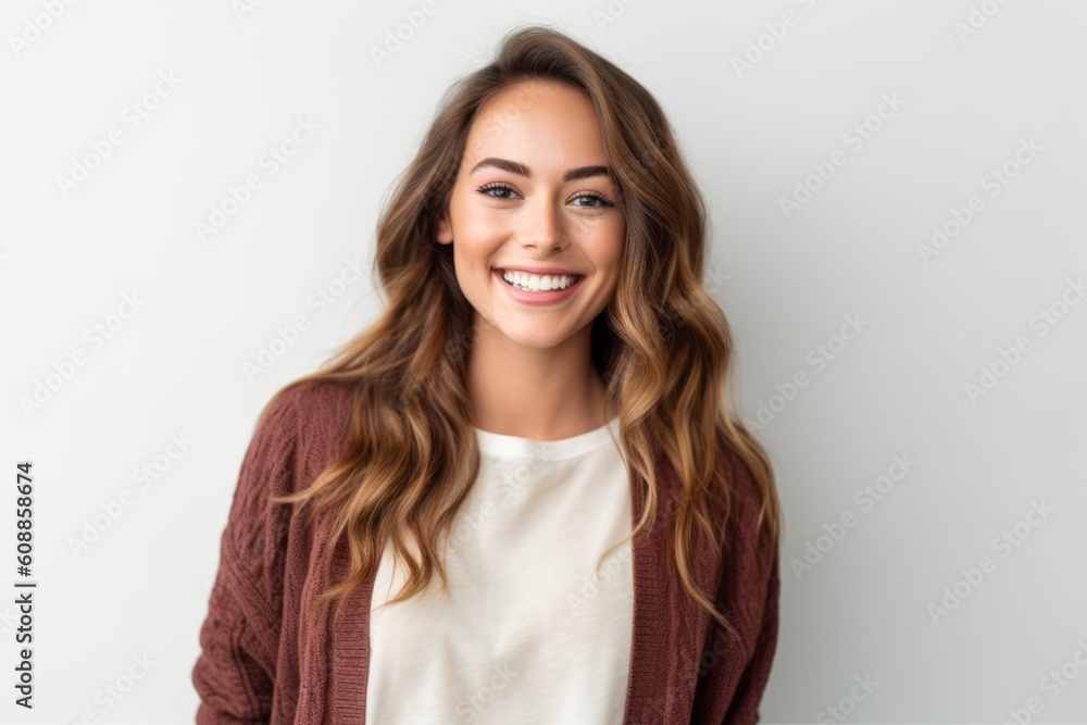 Portrait of a smiling young woman standing against a white background. Portrait of a smiling young woman standing against a white background.