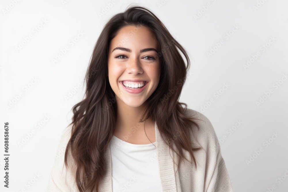 Portrait of a beautiful young woman smiling on a white background. Portrait of a beautiful young woman smiling on a white background.