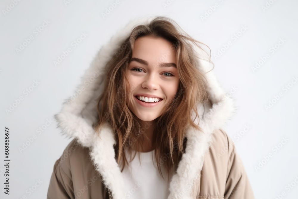 Beautiful young woman in warm clothing on white background, closeup Beautiful young woman in warm clothing on white background, closeup