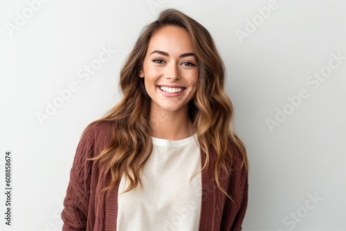 Portrait of a smiling young woman standing against a white background.