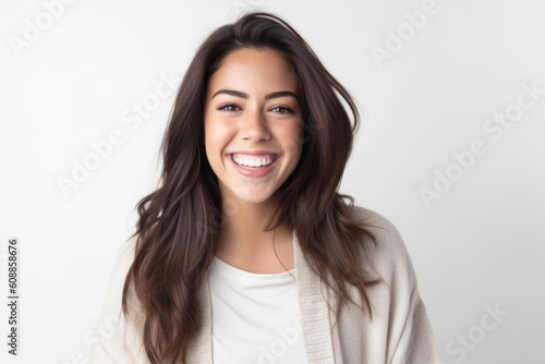 Portrait of a beautiful young woman smiling on a white background.