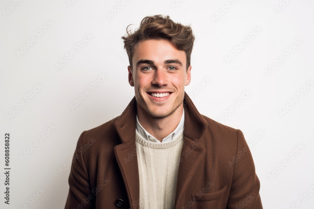 Fototapeta premium Portrait of a smiling young man in coat on white background.