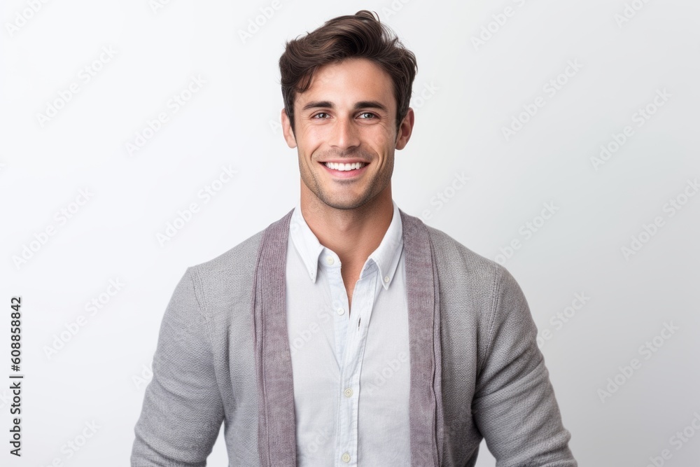 Portrait of a handsome young man smiling while standing against white background Portrait of a handsome young man smiling while standing against white background