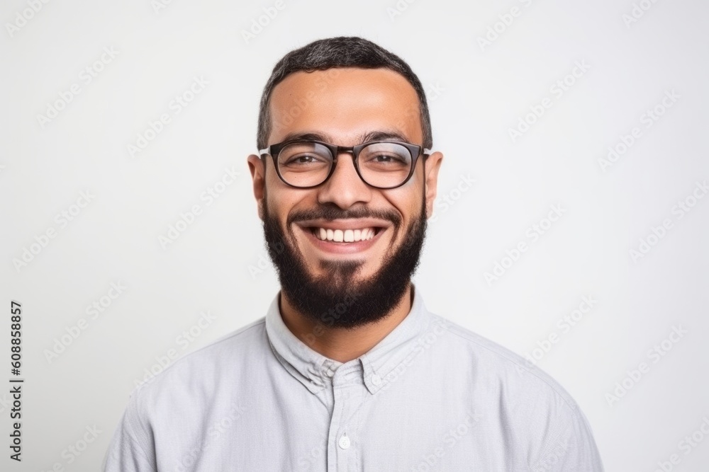 Portrait of a smiling arab man in eyeglasses over white background Portrait of a smiling arab man in eyeglasses over white background