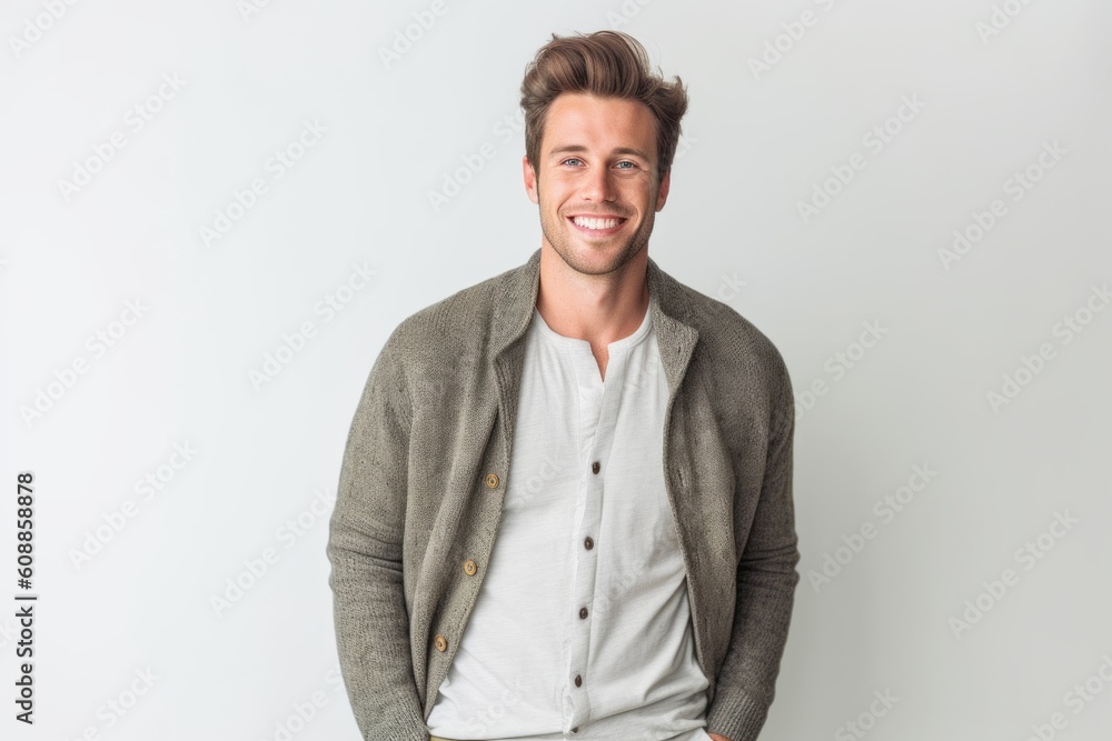 Portrait of a smiling young man standing with hands in pockets isolated on a white background Portrait of a smiling young man standing with hands in pockets isolated on a white background