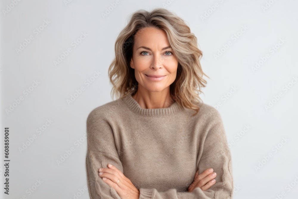 Fototapeta premium Portrait of a middle-aged woman in a sweater on a white background