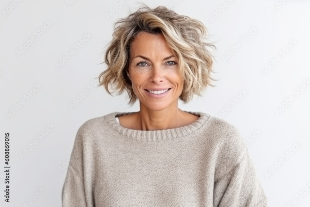 Medium shot portrait photography of a satisfied woman in her 40s that is wearing a cozy sweater against a white background . Generative AI Medium shot portrait photography of a satisfied woman in her 40s that is wearing a cozy sweater against a white background . Generative AI