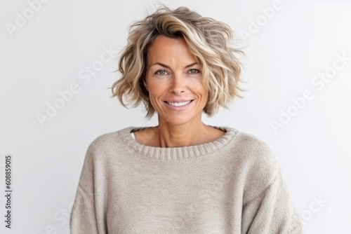 Medium shot portrait photography of a satisfied woman in her 40s that is wearing a cozy sweater against a white background . Generative AI