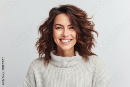 Portrait of a beautiful young woman smiling and looking at camera over white background