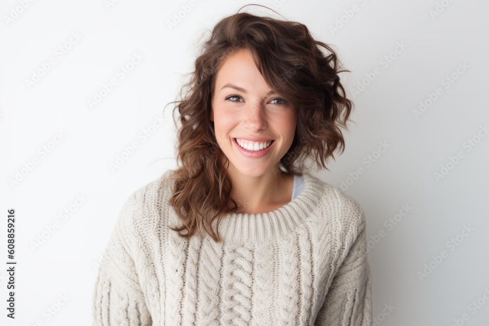 Portrait of a beautiful young woman smiling at camera over white background Portrait of a beautiful young woman smiling at camera over white background