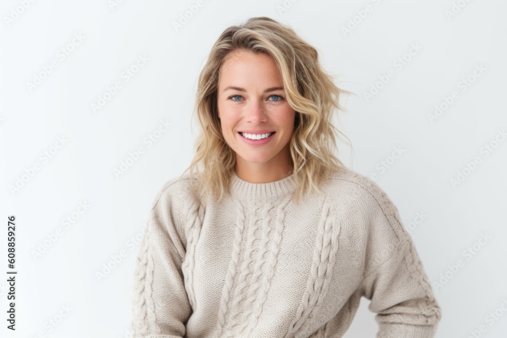Portrait of a beautiful young woman smiling at camera over white background Portrait of a beautiful young woman smiling at camera over white background