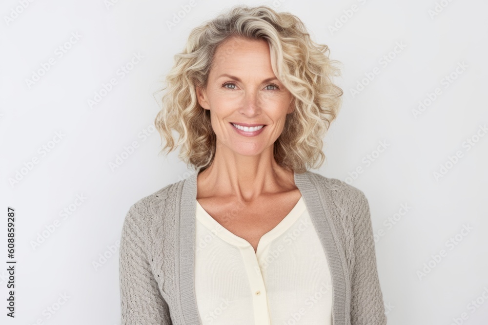 Portrait of a happy mature woman smiling at camera on white background