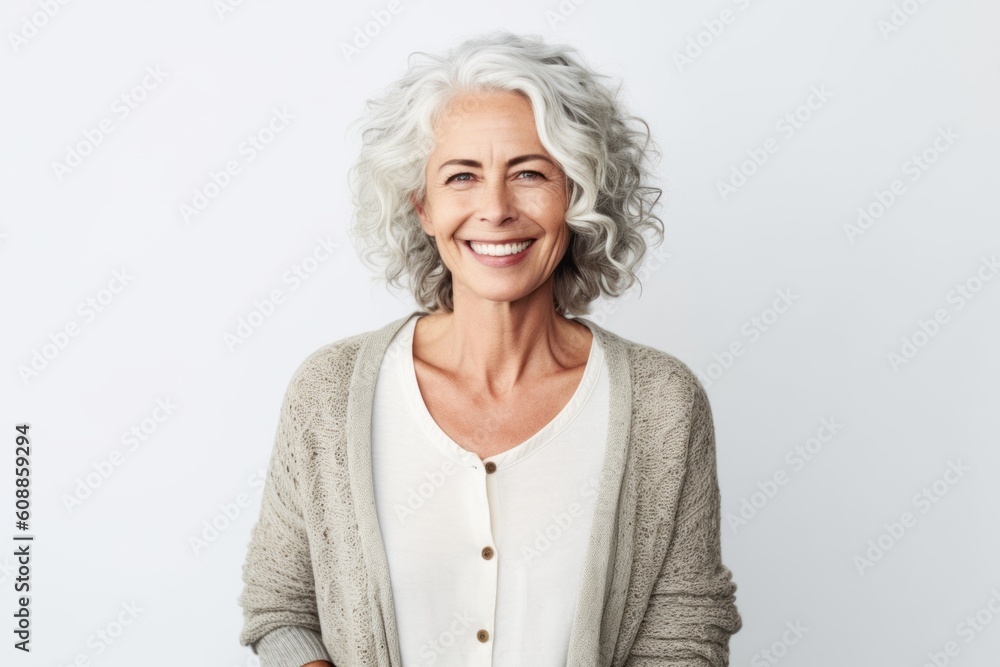 Portrait of smiling senior woman standing against white background, looking at camera
