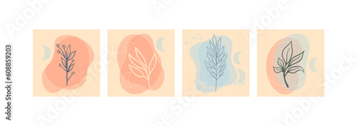 Set of abstract foliage wall art. Leaves, organic shapes, leaf branch, tree in vector line art style. Decoration collection design for interior, poster, cover, banner.