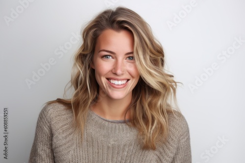 Group portrait photography of a grinning woman in her 30s that is wearing a cozy sweater against a white background . Generative AI © Robert MEYNER