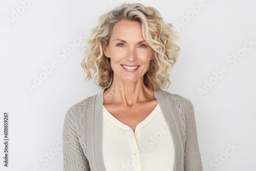 Obraz na płótnie Portrait of a happy mature woman smiling at camera on white background w salonie